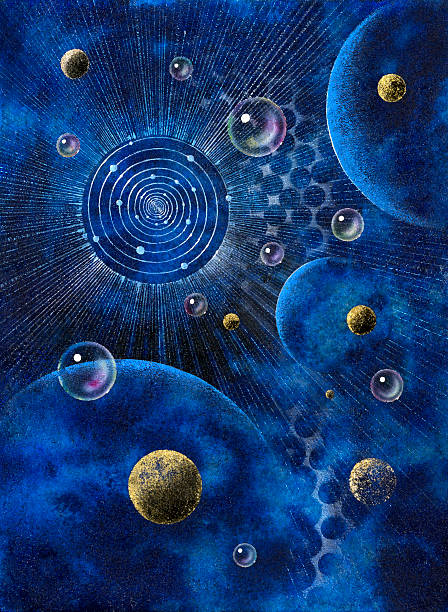 abstract picture with planets and bubbles picture painted by me, named "Corona", it shows a corona-like structure, planets and bubbles in blue spacy back big bang stock illustrations