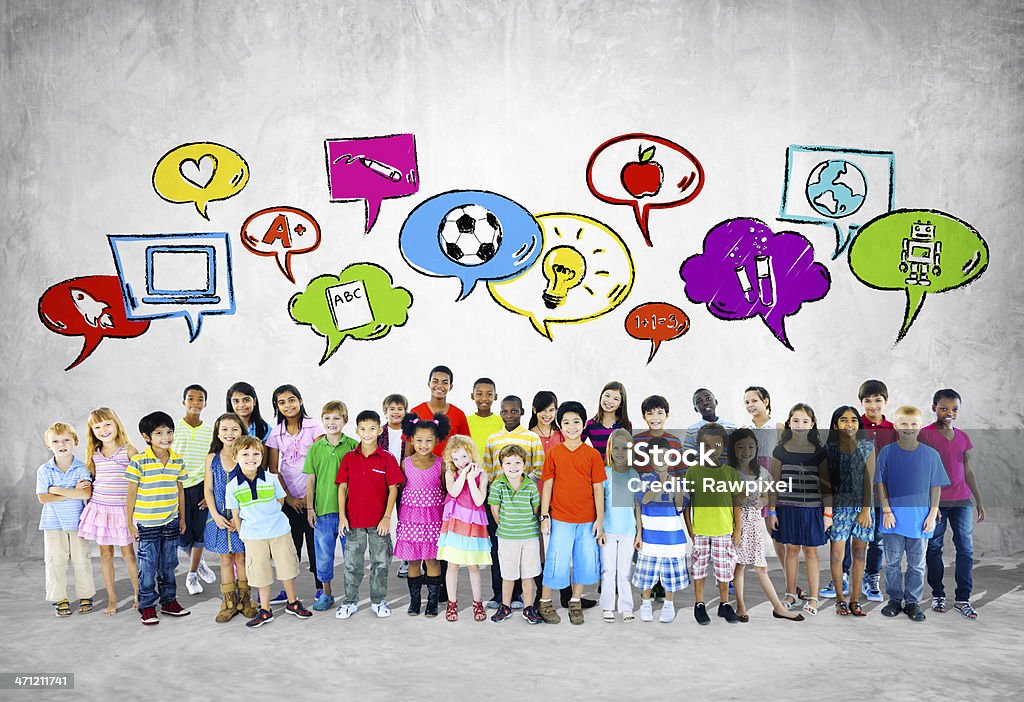 Large Group of Children With Speech Bubbles  Large Group Of People Stock Photo