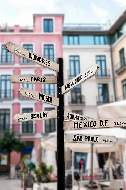 Photo of Signpost with names of major cities worldwide