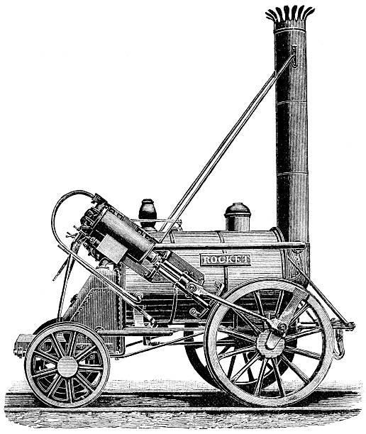 Steampunk steam driven catapult contraption lithograph George Stephenson`s Rocket(1829) Locomotive Train with Track. road going steam engine stock illustrations