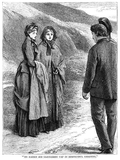 Victorian illustration - Manners maketh the man An illustration from "The Family Friend" published by S.W. Partridge & Co. (London, 1880). A Scotsman doffing his Glengarry cap to two ladies in a country road. glengarry cap stock illustrations