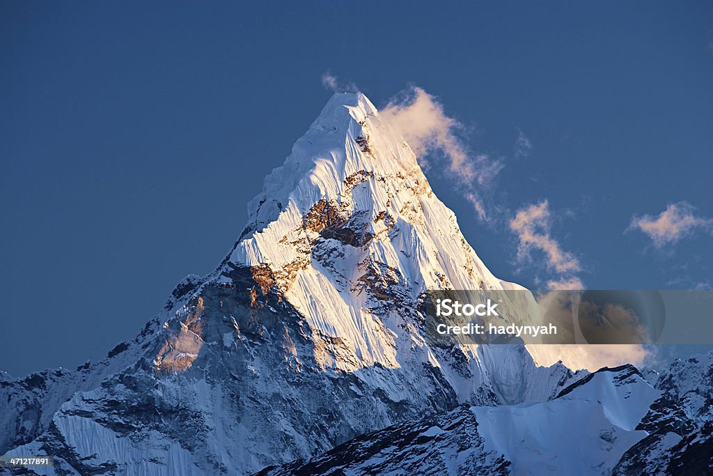 Ama Dablam Ama Dablam is a mountain in the Himalaya range of eastern Nepal. The main peak is 6,812 metres (22,349 ft), the lower western peak is 5,563 metres (18,251 ft). Ama Dablam means "Mother's neclace"; the long ridges on each side like the arms of a mother (ama) protecting her child, and the hanging glacier thought of as the dablam, the traditional double-pendant containing pictures of the gods, worn by Sherpa women. For several days, Ama Dablam dominates the eastern sky for anyone trekking to Mount Everest basecamp.http://bem.2be.pl/IS/nepal_380.jpg Ama Dablam Stock Photo