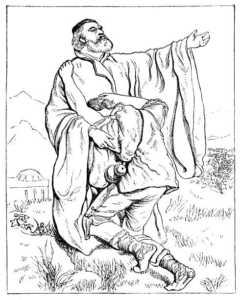 Repent - Victorian illustration An illustration from "The Family Friend" published by S.W. Partridge & Co. (London, 1880) - repentant man seeking redemption. drawing of a man kneeling in prayer stock illustrations