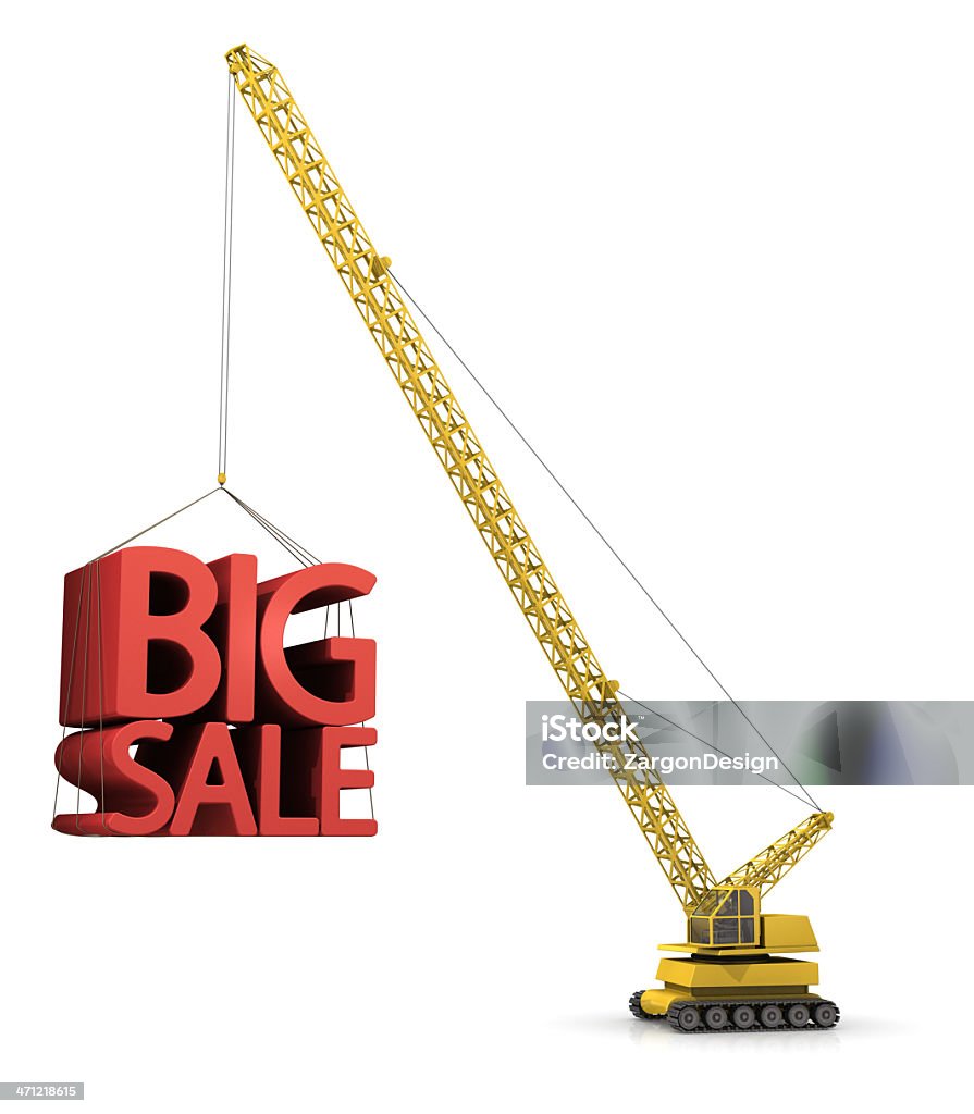 Big Sale Yellow construction crane lifting 3d letters that spell out the words "Big Sale" Business Stock Photo