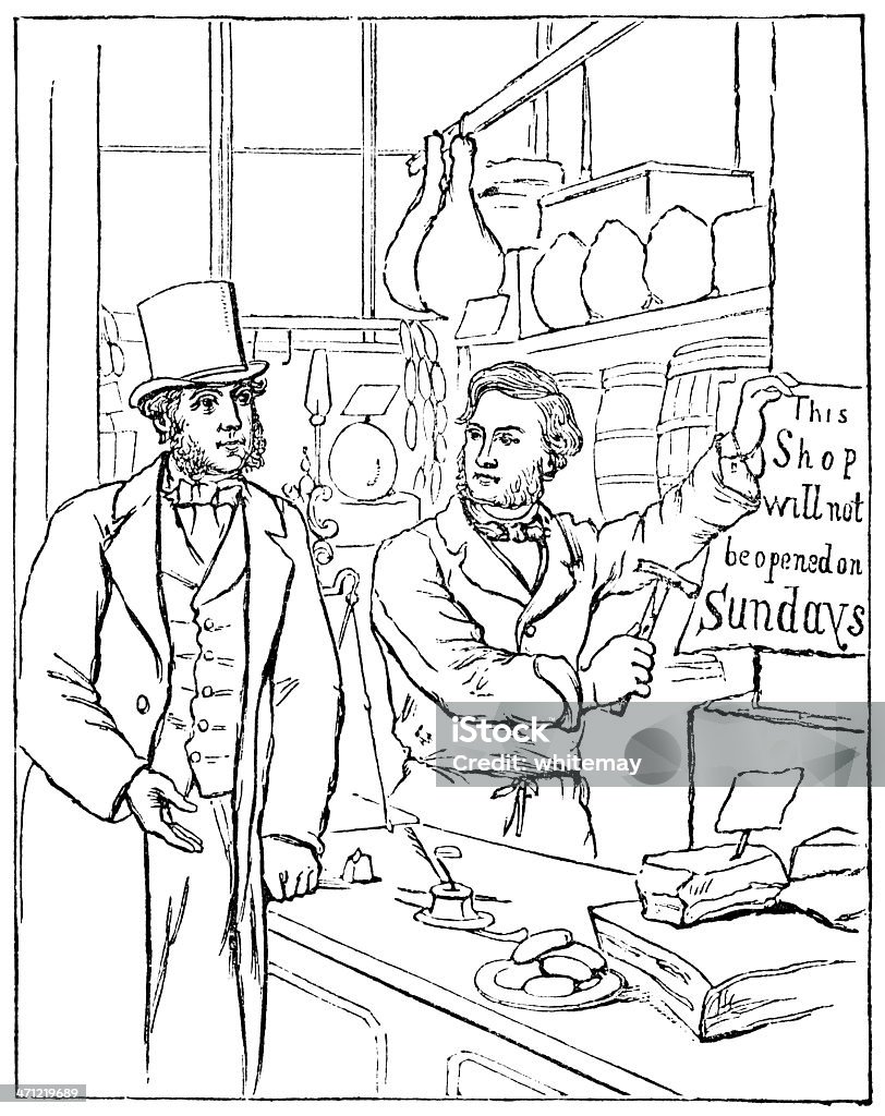 Victorian shopkeeper protestando contra los domingos de apertura - Ilustración de stock de Anticuado libre de derechos