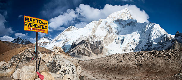 Way to Everest Base Camp Signpost "Way to Mount Everest Base Camp" - Mount Everest (Sagarmatha) National Parkhttp://bem.2be.pl/IS/nepal_380.jpg Icefall stock pictures, royalty-free photos & images