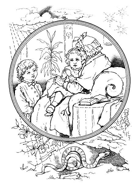 ilustraciones, imágenes clip art, dibujos animados e iconos de stock de victorian dibujo-old lady narración de historias para niños pequeños - senior adult book education english culture