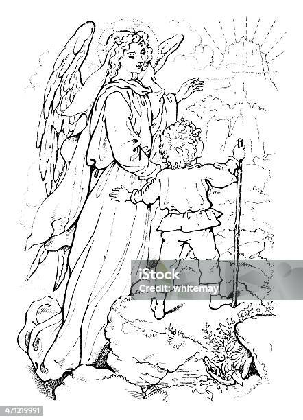 Angel Guida Un Piccolo Bambino In Paradisodisegno Del Periodo Vittoriano - Immagini vettoriali stock e altre immagini di 1870-1879