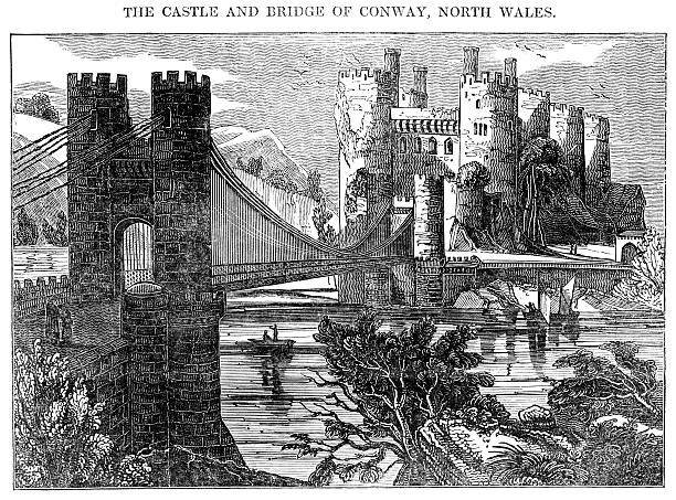 The Castle and bridge at Conway, North Wales (1833 woodcut) The bridge and castle at Conway (Conwy), in North Wales. Woodcut illustration from "The Saturday Magazine", Volume 67, July 20th, 1833, an educational magazine "under the Direction of the Committee of General Literature and Education Appointed by the Society for Promoting Christian Knowledge. Price One Penny".  conwy castle stock illustrations