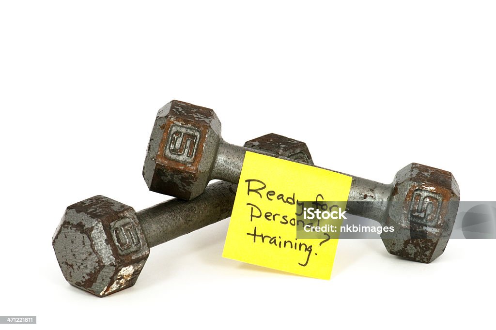 Listo para entrenamiento personal señal y par de juegos de pesas - Foto de stock de Barra para pesas libre de derechos