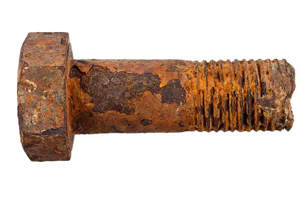 Photo of Rusted bolt on white background