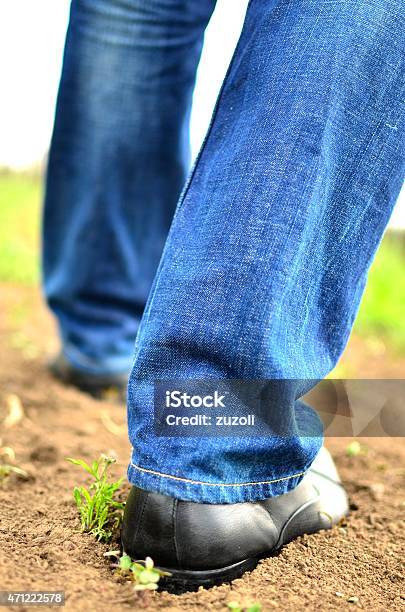 Male Feet Walking On The Soil Stock Photo - Download Image Now - 2015, Active Lifestyle, Activity