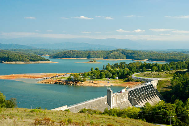 Douglas Dam in Sevier County, Tennessee, USA Douglas Dam in Sevier County Tennessee USA.  Clean hydroelectric power provides "green" renewable energy. sluice photos stock pictures, royalty-free photos & images