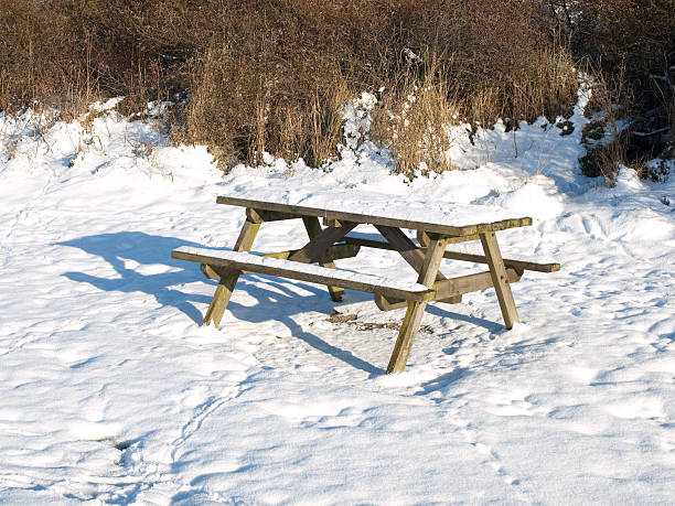 istock Picnic table in the snow 471223423