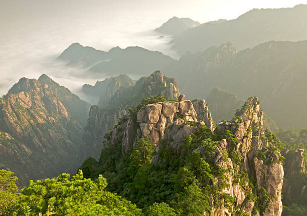 утренние сумерки света "обезьяна наблюдать на море. - huangshan mountains стоковые фото и изображения