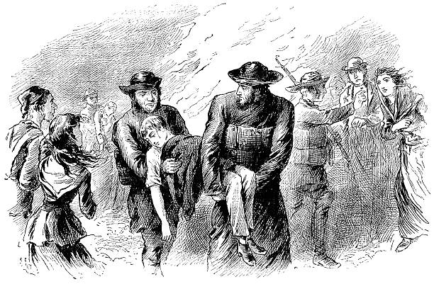 shipwreck ofiar przywożonych na lądzie-victorian ilustracja - rescue child carrying physical injury stock illustrations
