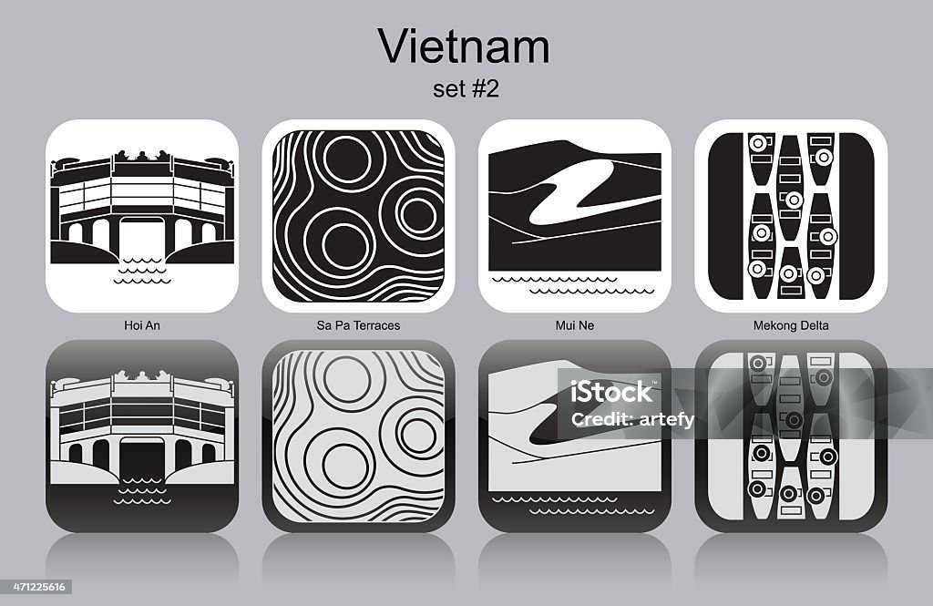 Icons of Vietnam Landmarks of Vietnam. Set of monochrome icons. Editable vector illustration. Beach stock vector