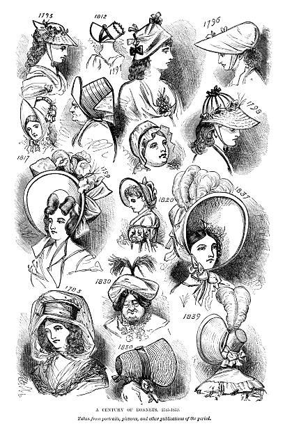 Styles of British bonnets from 1785-1839 Engraving from "The Leisure Hour", No. 1367, 9th March 1878, a highly moral British publication, now in the public domain. This illustration - one of two - shows a collection of styles of British ladies' bonnets dating from 1785 to 1839. bonnet hat stock illustrations
