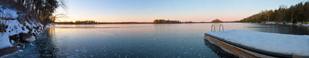 Panorama Of Frozen Lake With Dock at Sunset stock photo