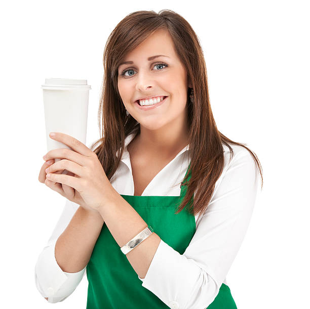 istock Happy Barista Holding Paper Coffee Cup 471230155