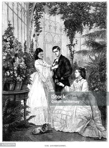 Victorian Personen In Der Conservatory 1875 Illustration Stock Vektor Art und mehr Bilder von Gewächshäuser