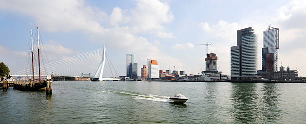 panaramic view of the river Maas Rotterdam The Erasmus bridge, nicknamed "The Swan" because of its asymmetrical shape is the a famous bridge and an iconic symbol of the city of Rotterdam in the Netherlands. desiderius erasmus stock pictures, royalty-free photos & images