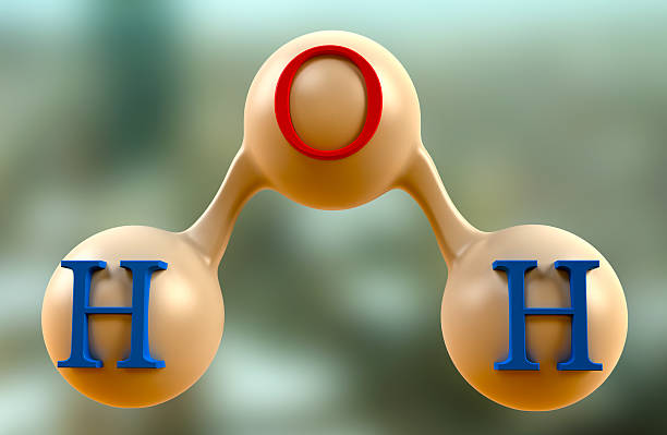 H20 Water Molecule - Blue Gold Stylized conceptualization of a water molecule, H2O. Also known as: Oxidane, Dihydrogen Monoxide, Hydroxylic acid, Hydrogen Hydroxide. h20 molecule stock pictures, royalty-free photos & images