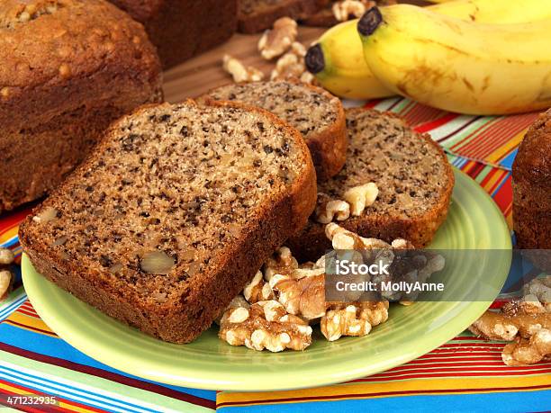 Banana Bread Slices With Walnuts And Bananas Stock Photo - Download Image Now - Banana, Bread, Baking