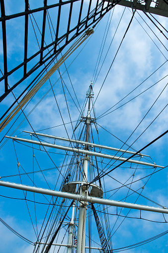 The mast and rigging of the tall ship Charles W. Morgan in Mystic, Connecticut