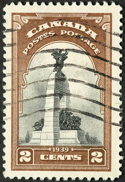 istock Canadian vintage stamp with statues and pillar 471234411