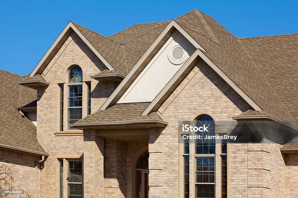 Gabled Roof Beige Brick Mansion House Exterior Architectural Design Rooftop Stock Photo
