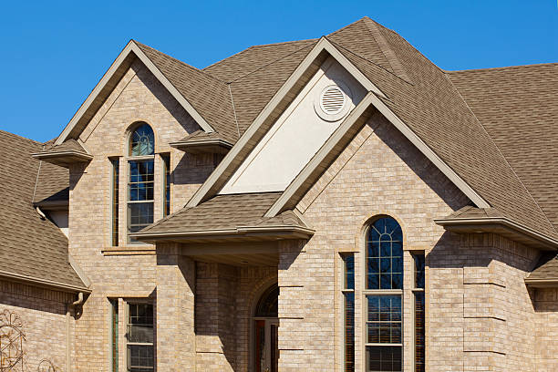 Gabled Roof Beige Brick Mansion House Exterior Architectural Design Gabled Roof Beige Brick Mansion House Exterior Architectural Design gable stock pictures, royalty-free photos & images