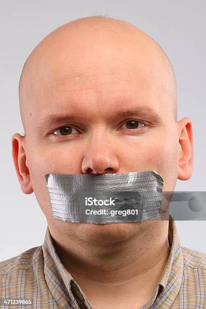 Bald Man With The Grey Tape Taped Up On Mouth Stock Photo - Download Image Now - Adhesive Tape, Adolescence, Adult