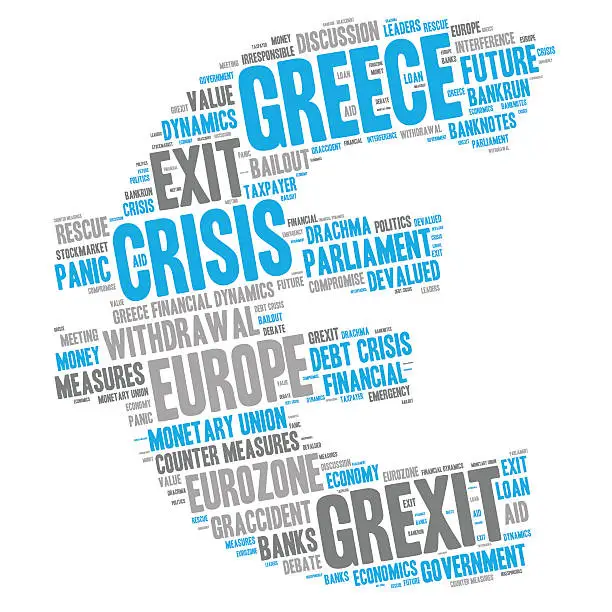 Vector illustration of Grexit Word Cloud - About the Greek Crisis, Euro Symbol