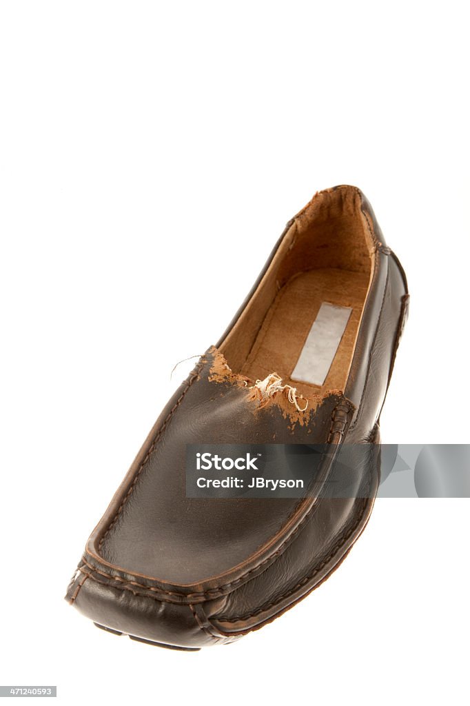 Men's Brown Loafer Shoe Chewed by a Puppy A worn looking men's brown loafer (shoe) chewed by a puppy, isolated on white. Chewed Stock Photo