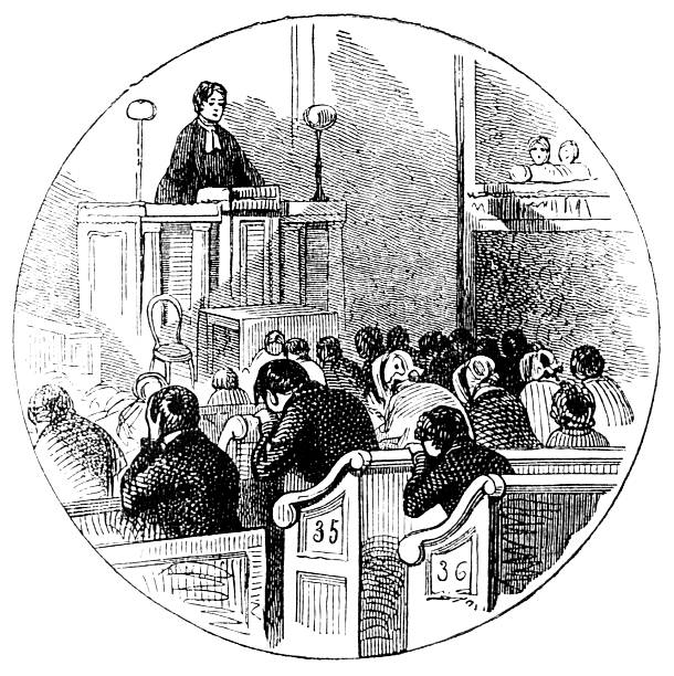 Prayers in a chapel (Victorian ilustration) An illustration from "The Family Friend" published by S.W. Partridge & Co. (London, 1874). Prayers in a non-conformist chapel. methodist stock illustrations