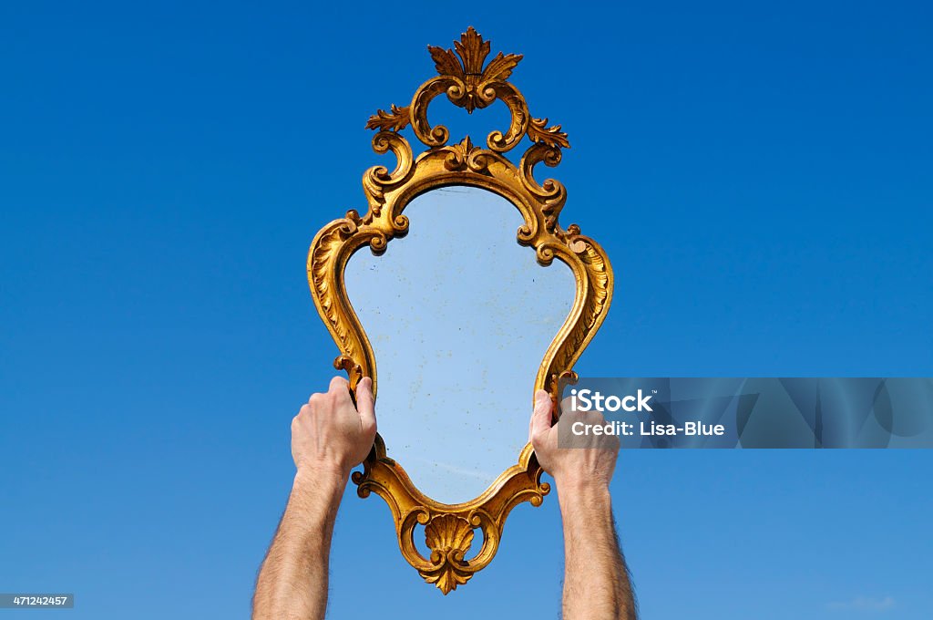 Catching the Sky.Copyspace. Old mirror reflecting the sky.Copy space. Mirror - Object Stock Photo