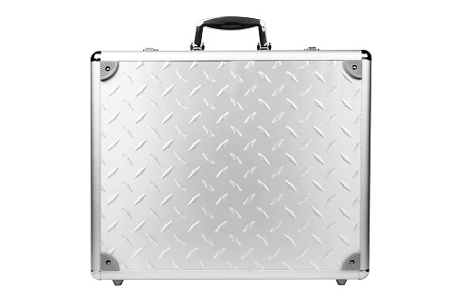 A metallic briefcase, isolated on a white background.