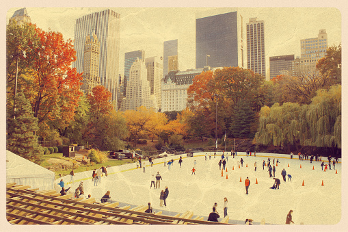 Retro-styled postcard of the Wollman ice skating rink in Central Park, NY. All artwork is my own. For hundreds of vintage postcards from around the world, click the banner below: