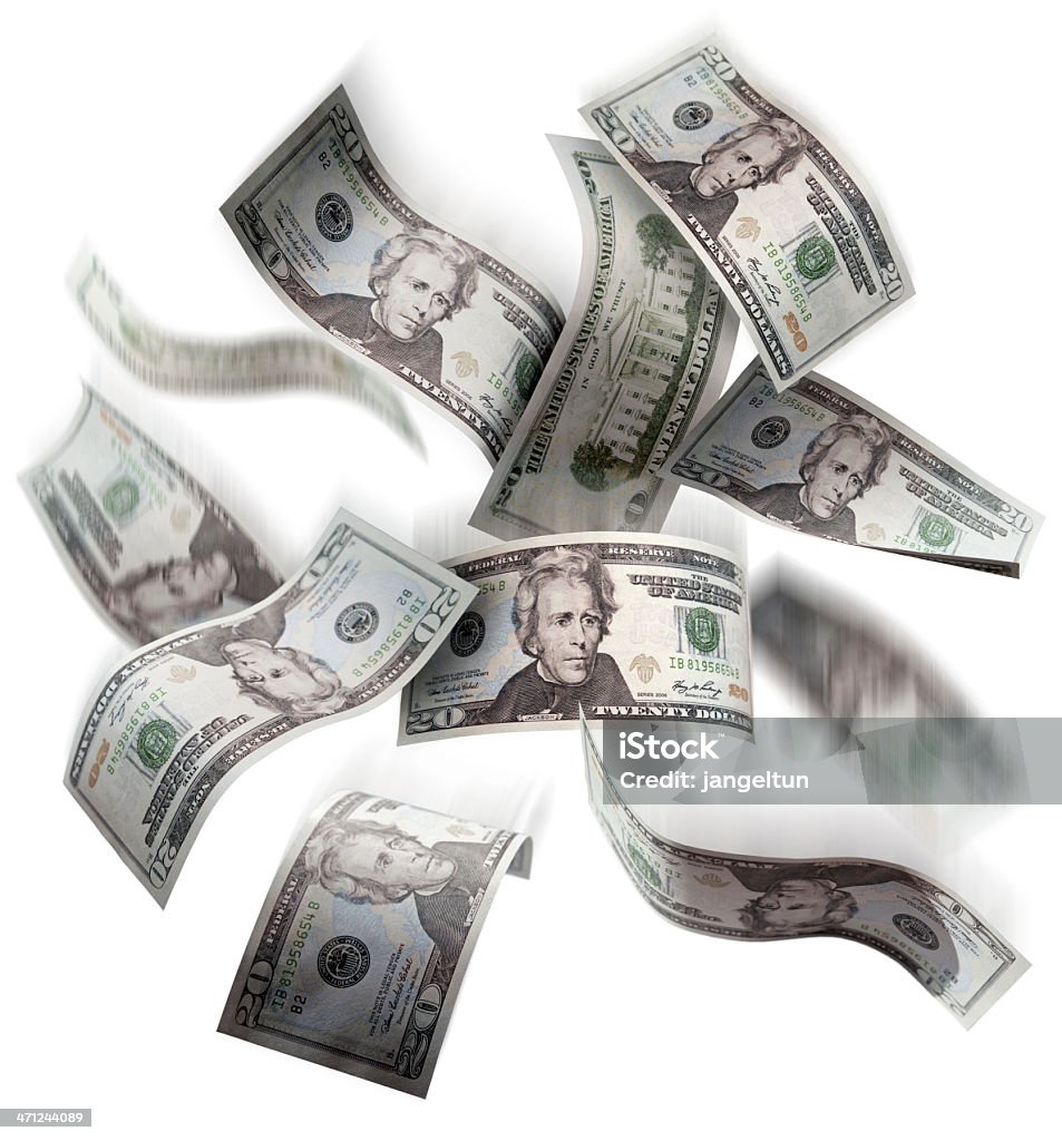 Dollar bills falling from the sky Twenty dollar bills falling from the sky. American Twenty Dollar Bill Stock Photo