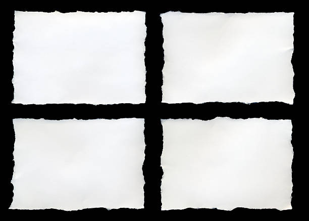 Four torn pieces of paper on a black background Ready for your message, isolated. cut or torn paper photos stock pictures, royalty-free photos & images