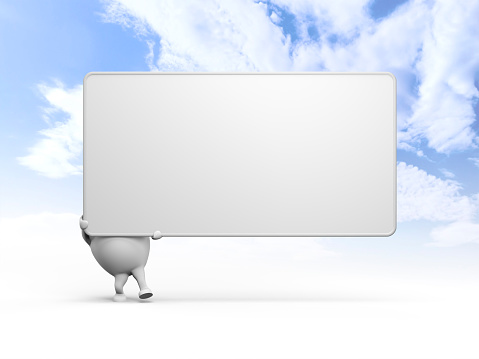 3D illustration of a cartoon character holding a large blank sign over blue sky background