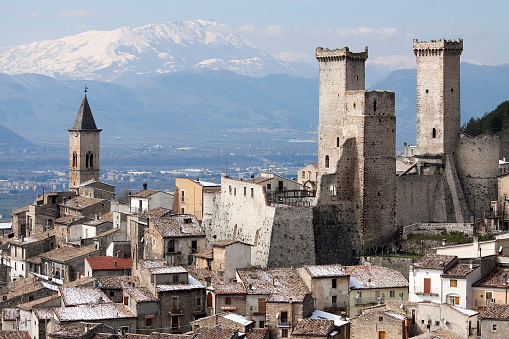 The ancient medieval town of Pacentro in Abruzzi, Italy. It is famous for the towers and for being the village of origin of the paternal grandparents of the famous singer Madonna.