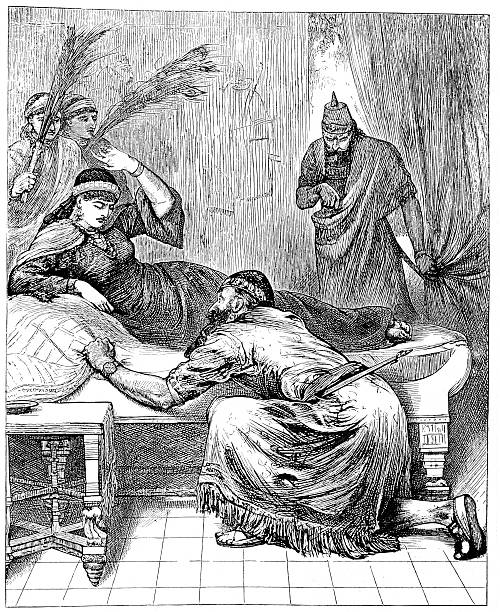 Victorian bible illustration: Haman before Queen Esther Bible story from Esther 7:7 esther bible stock illustrations