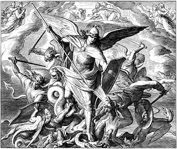 stockillustraties, clipart, cartoons en iconen met michael and angels fighting dragon - aartsengel
