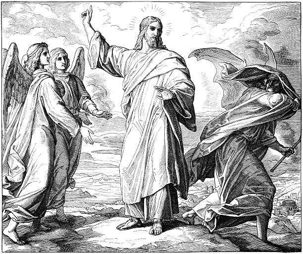 Satan Tempts Jesus Engraving by Julius Schnorr von Carolsfeld (March 26, 1794 - May 24, 1872) temptation stock illustrations