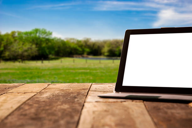 istock Spring or summer meadow background with digital tablet. Wooden table. 471254062