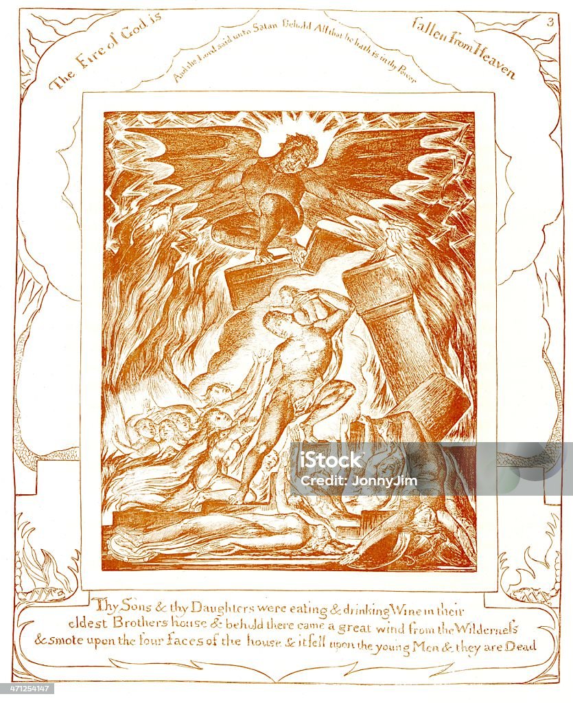 Vieille bible gravé "emploi et de Sons Daughters bouleversés par Satan» - Illustration de William Blake - Poésie libre de droits