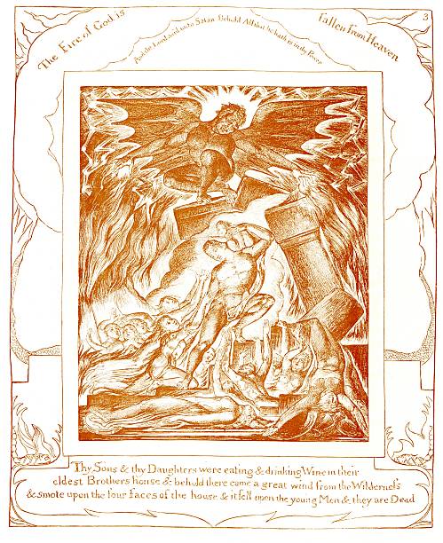 stary biblia grawerunek "job's synów i córki przytłoczony satan” - job stock illustrations
