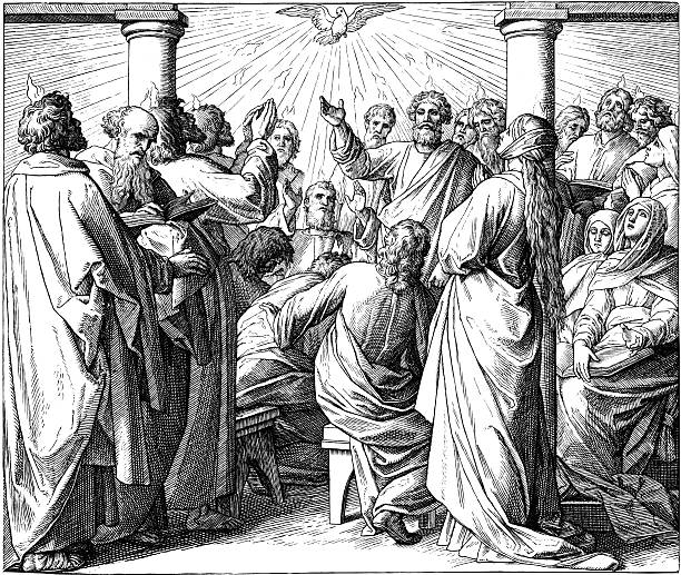 The First Pentecost Engraving by Julius Schnorr von Carolsfeld (March 26, 1794 - May 24, 1872) pentecost religious celebration photos stock illustrations